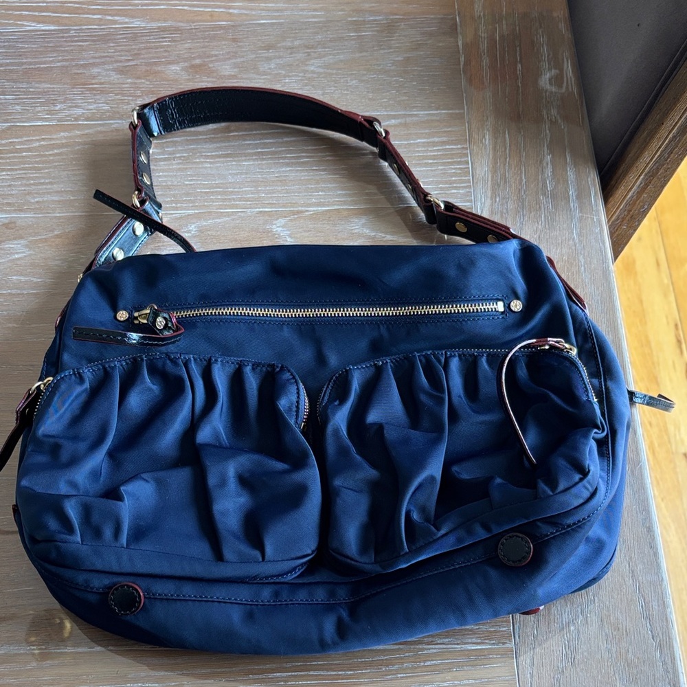 MZ Wallace Navy Ruched Front Shoulder Bag with Gold Hardware